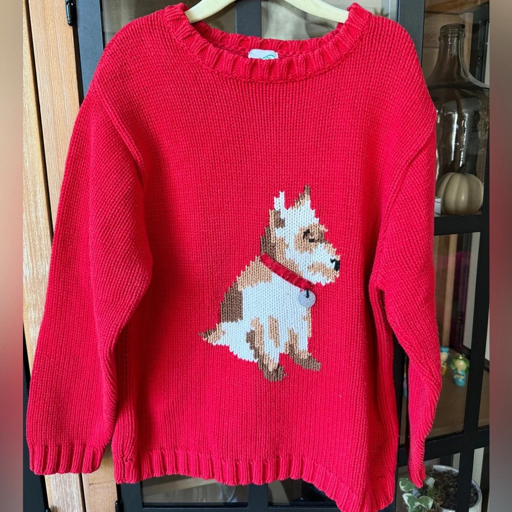 Vintage 90s Dog knit sweater embroidered puppy scotty terrier crewneck girls